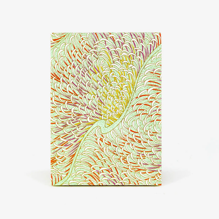 Aquaqrell,Tuschezeichnungen-Leporello-Format-12x17cm-fuer-14Fotos-Chiyogami-Federn-swirls-aufpastellgruen-Produktansicht-Cover-Vorn