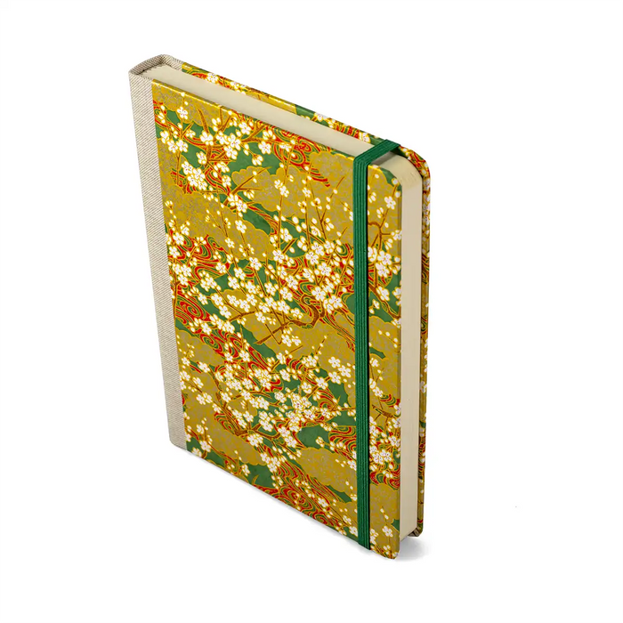 Notizbuch / Skizzenbuch / A5 / dotted / goldene blüten am Ast auf grün