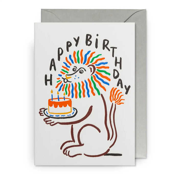 Klappkarte / Marie Assénat / Happy Birthday Retro Lion Illustration Greeting Card