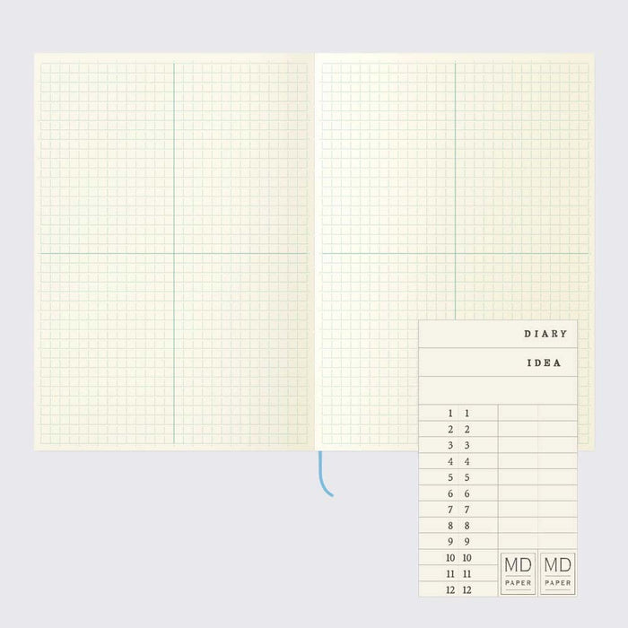 Midori-MD-Notebook-A5-GridBlock_Notizbuch-Cover-Produktansicht-aufgeschagen-Innenansicht-kariertes PApier