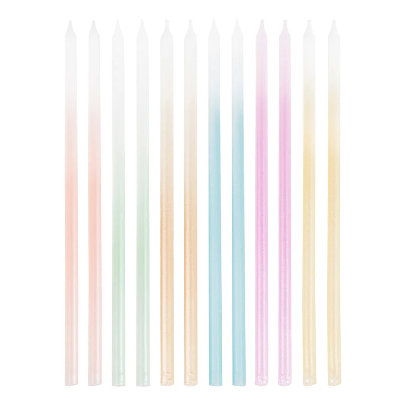 12 Geburtstagskerzen mit Halter / Pastellfarben / 18 cm hoch