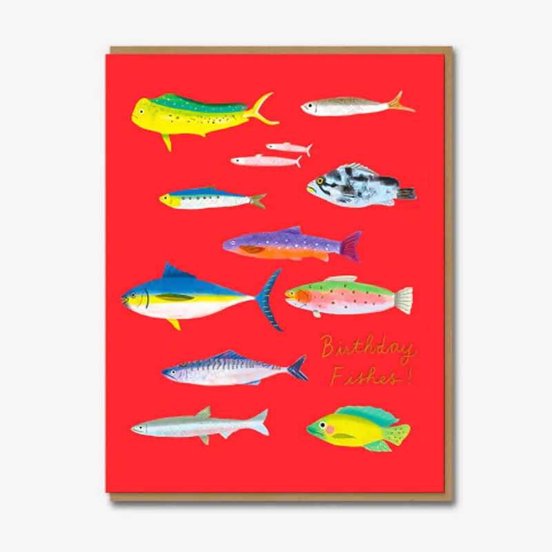 1973-Grusskarte-Geburtstags-Gruss-mit-braunen-Umschlag-Carolyn-Suzuki-Motiv-Birthday-Fishes
