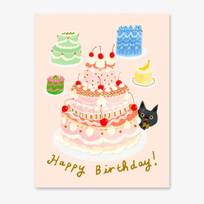 1973-Postkarte-Geburtstag-Carolyn-Suzuk-Text-Happy-Birthday-Cat-Torte