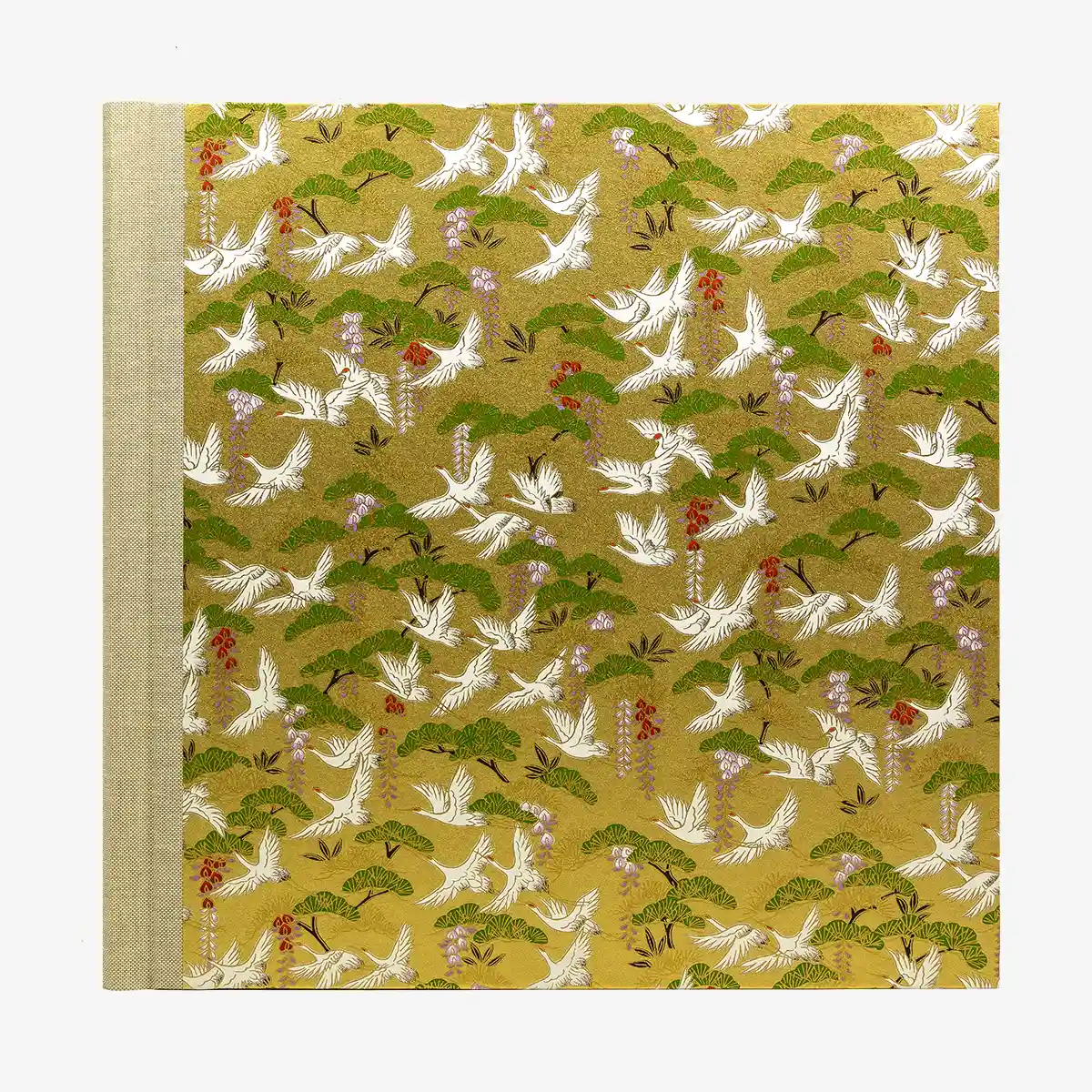 30x30cm-60Seiten-schwarz-Fotoalbum-cover-Chiyogami-Motiv-Kraniche-auf-Gold-von-vorn