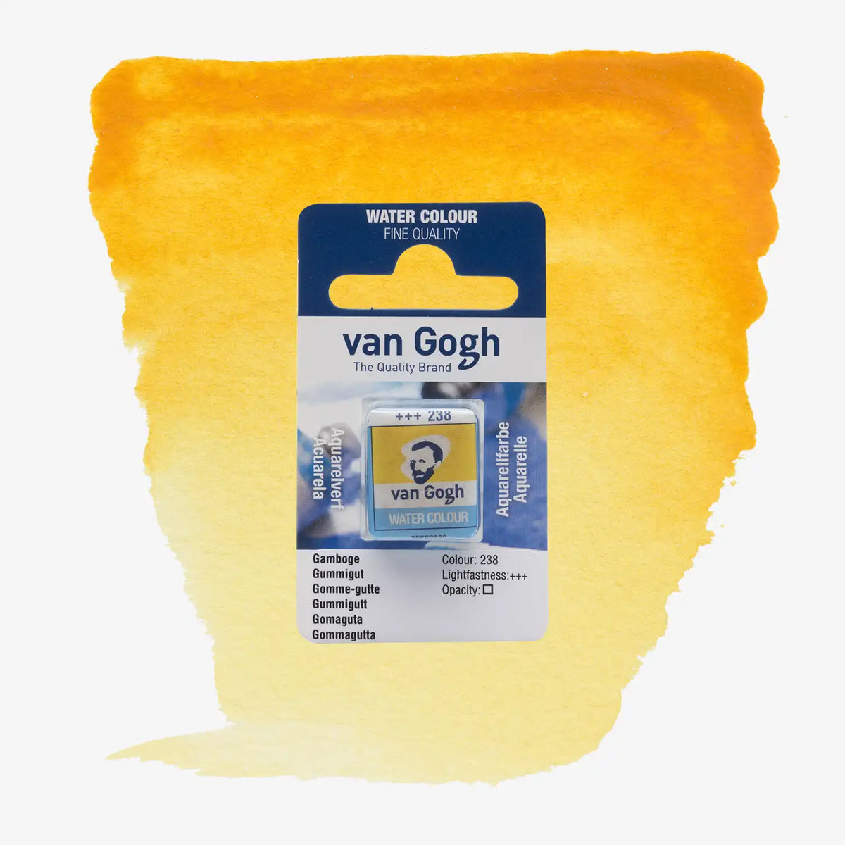 VanGogh_feste-Aquarellfarbe-im-halben-Naepfchen-auf-Farbkarte-Farbfamilie-Gelb-FArbe-Gamboge-238