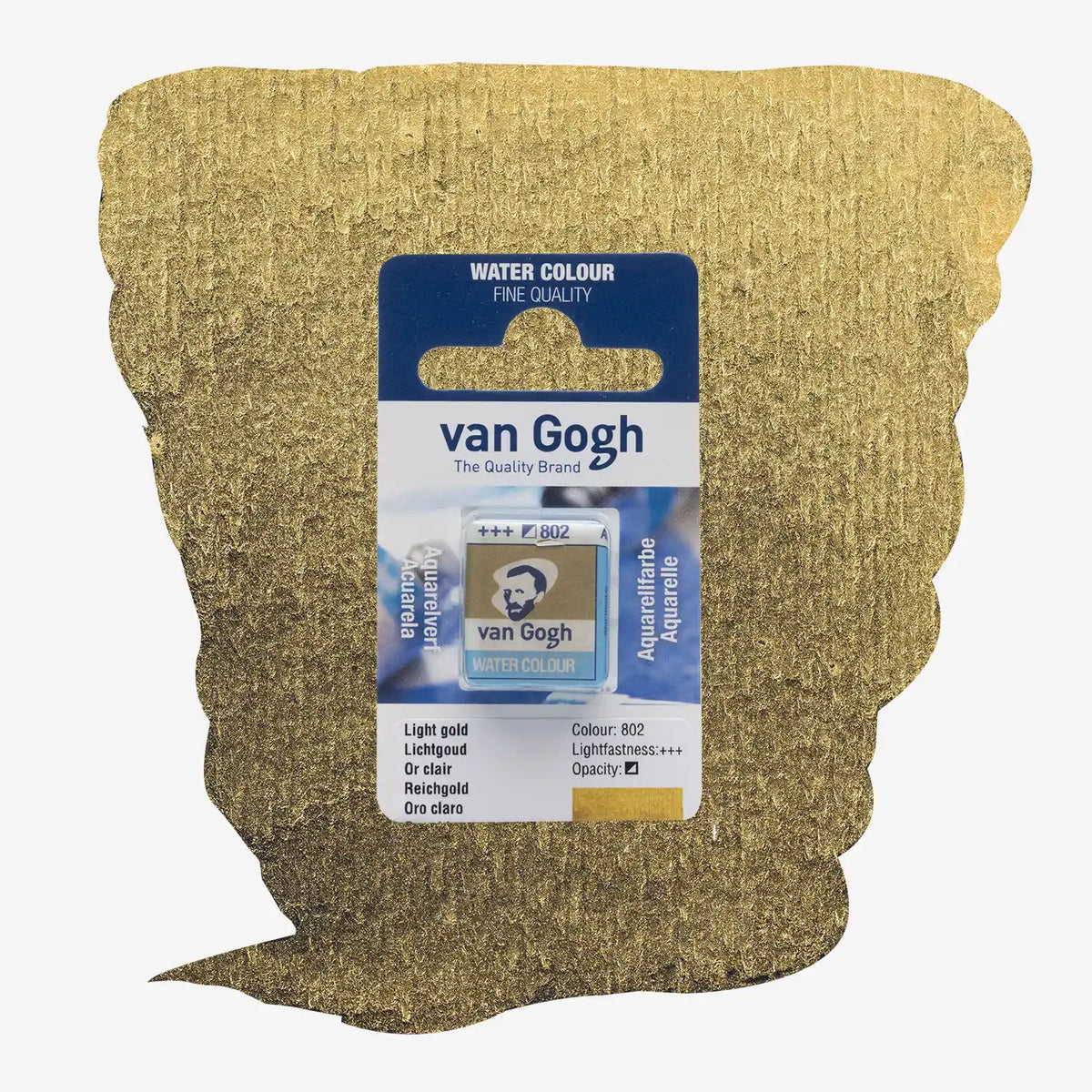 VanGogh_feste-Aquarellfarbe-im-halben-Naepfchen-auf-Farbkarte-Farbfamilie-Gold-FArbe_Hellgold-802