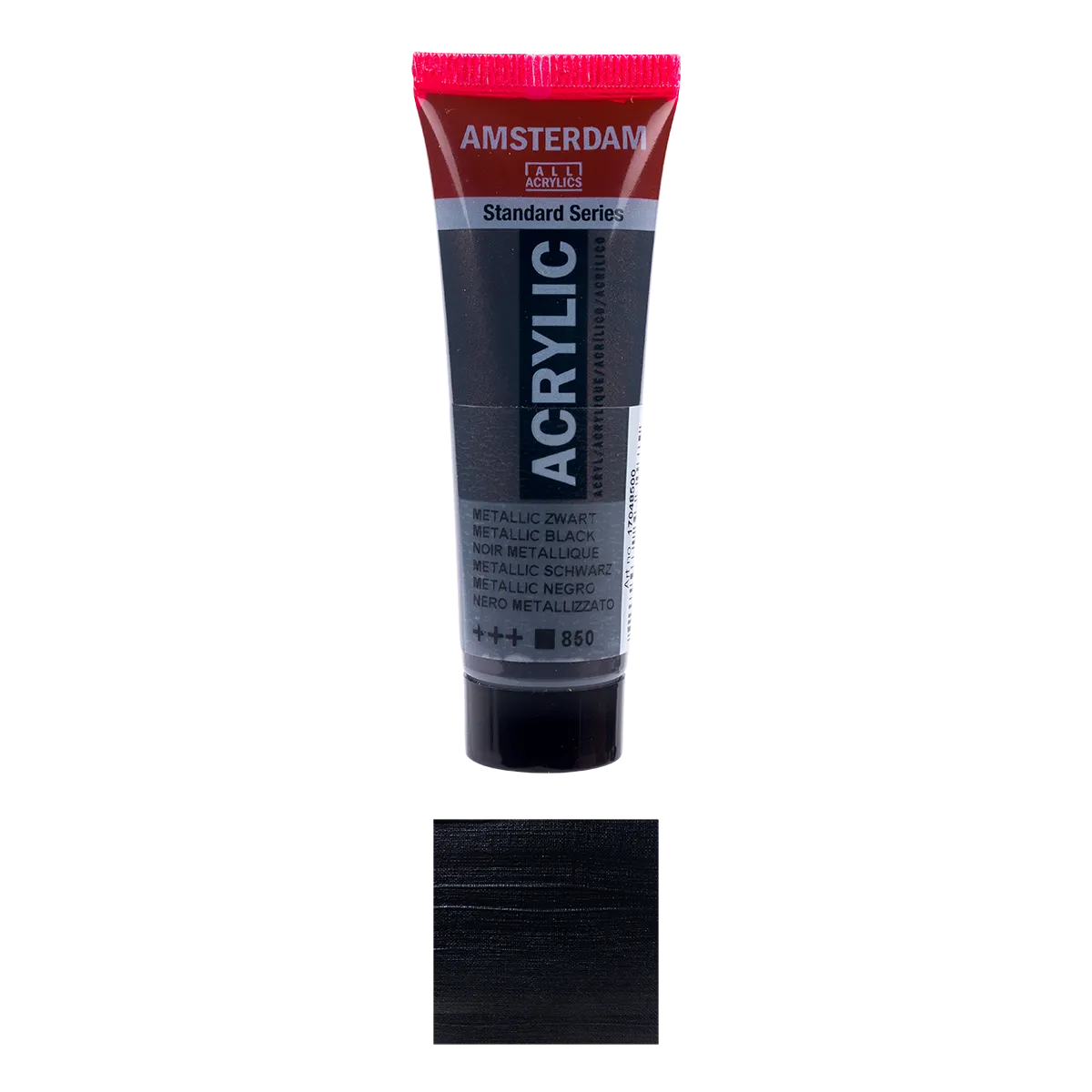 8712079533175_-Deckend-Amsterdam-_Standard-_Series_-Acrylfarbe-_Tube-_20_ml-_Metallisch-_Schwarz-850-Produktansicht-und-Farbkarte