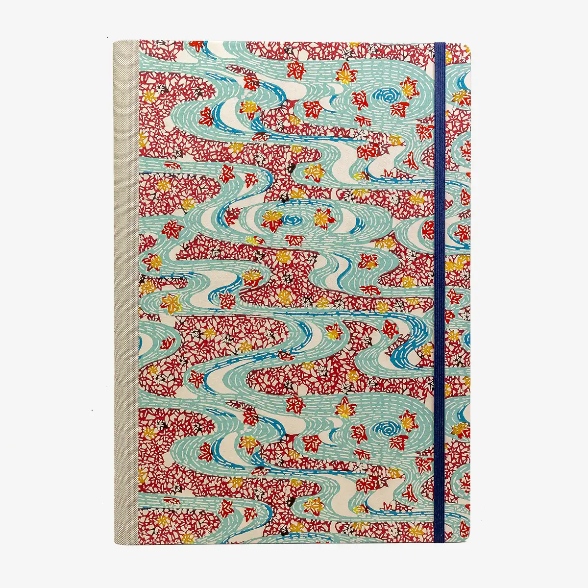 A4-Skizzenbuch-blanko-192-seiten-cover-Katazome-Shi-Papier-motiv-Flusslandschaft-rot-blau-von-vorn