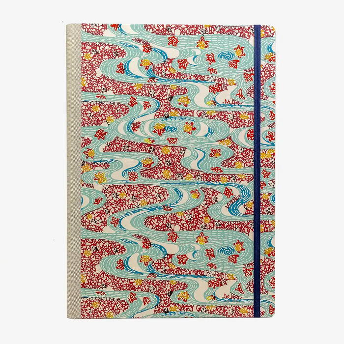 A4-Skizzenbuch-blanko-192-seiten-cover-Katazome-Shi-Papier-motiv-Flusslandschaft-rot-blau-von-vorn