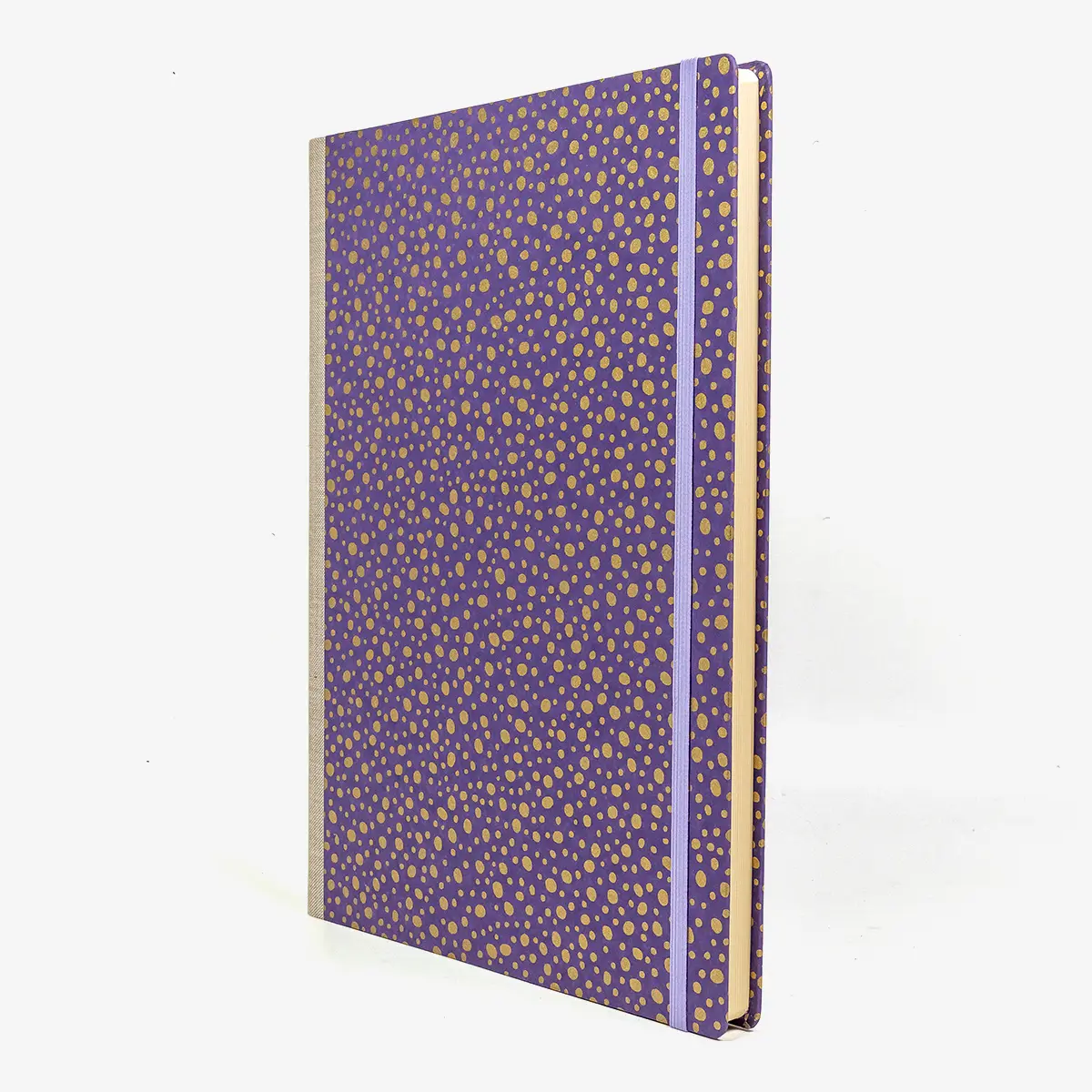 A4-Skizzenbuch-blanko-192-seiten-cover-chiyogamipapier-motiv-Polka-Dots-Gold-purple-seitlich-von-vorn