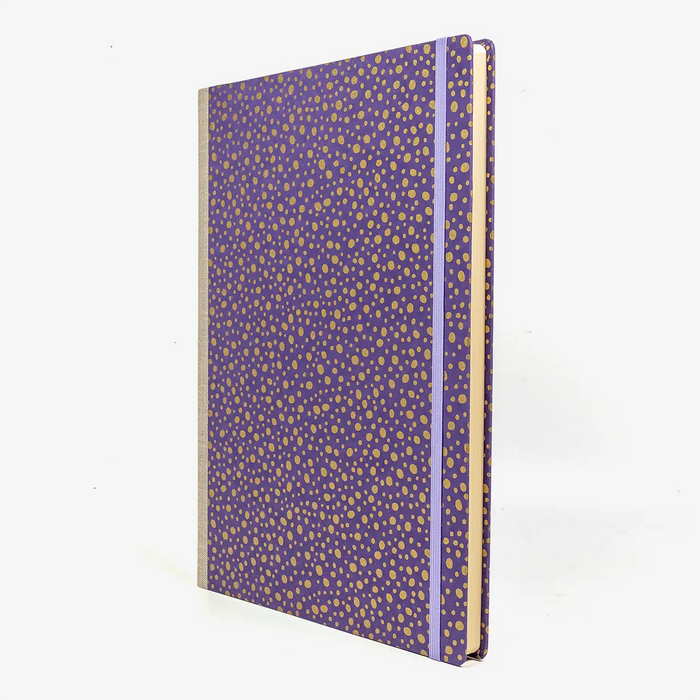 A4-Skizzenbuch-blanko-192-seiten-cover-chiyogamipapier-motiv-Polka-Dots-Gold-purple-seitlich-von-vorn