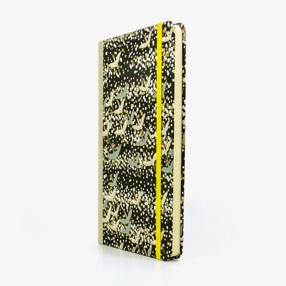 A5-dotted-small-chiyogami-cover-motiv-kranich-weiss-auf-Schwarz-seitlich-vorn