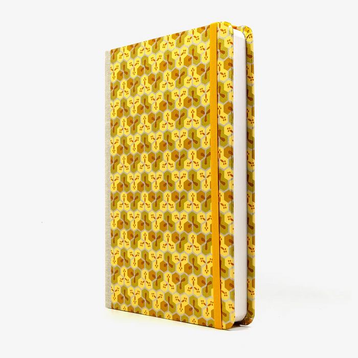 A5-liniertes-Notizbuch-244-Seiten-mit-Chiyogami-Papier-bezogen-motiv-Bienenwaben-gold-seitlich-von-vorn