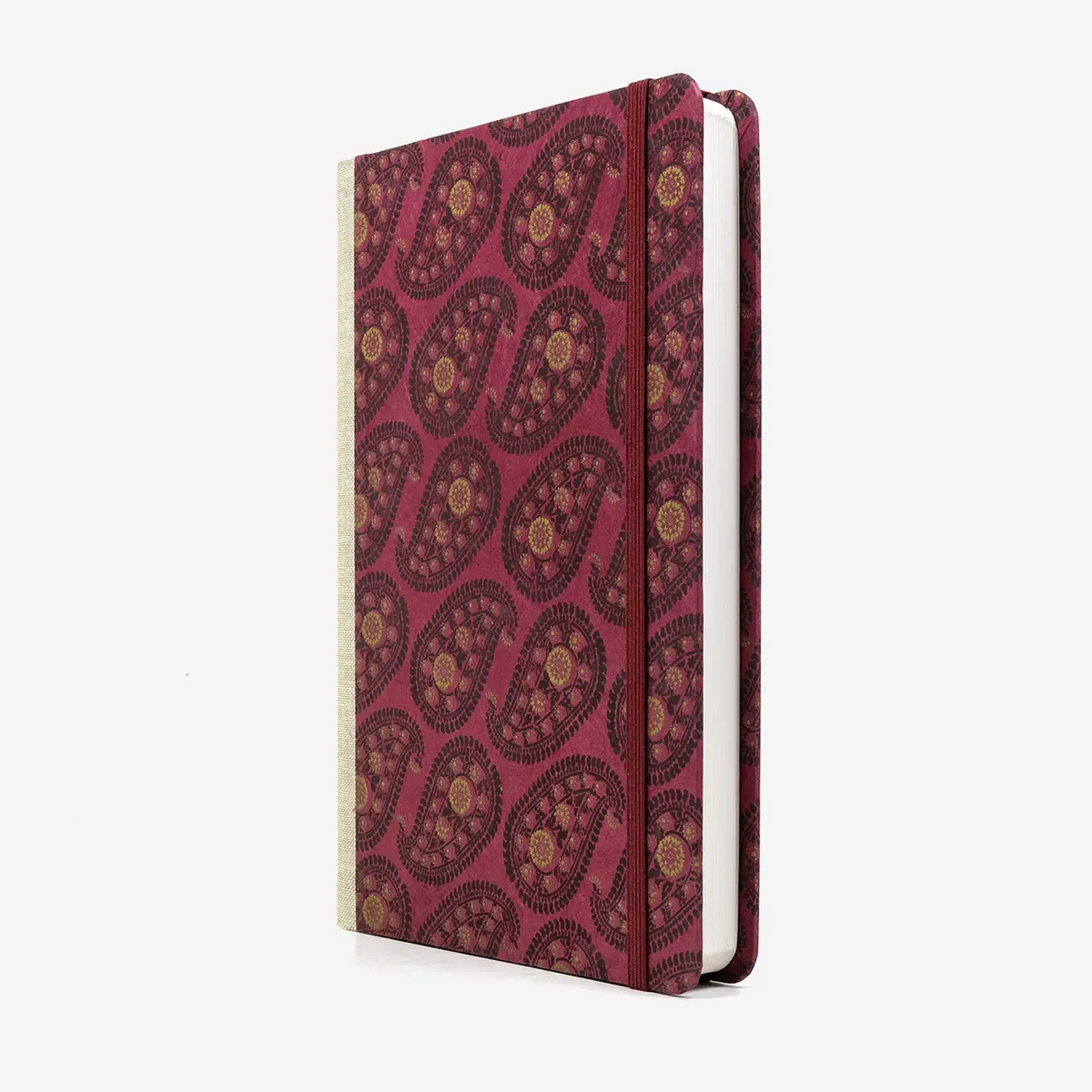 A5-liniertes-Notizbuch-244-Seiten-mit-Loktapapier-bezogen-motiv-Paisley-Muster-rot-seitlich-von-vorn