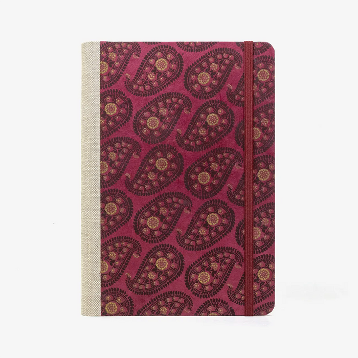 A5-liniertes-Notizbuch-244-Seiten-mit-Loktapapier-bezogen-motiv-Paisley-Muster-rot-von-vorn