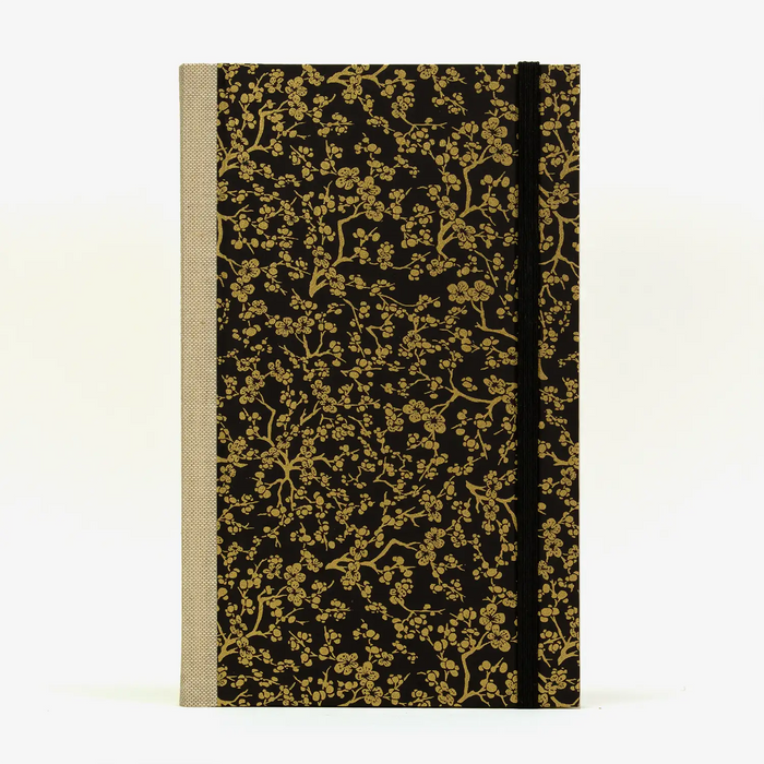 Skizzenbuch / Sketchbook / A5small / Blanko / Chiyogami / Floral - Kirschblüte-Gold-auf-schwarz