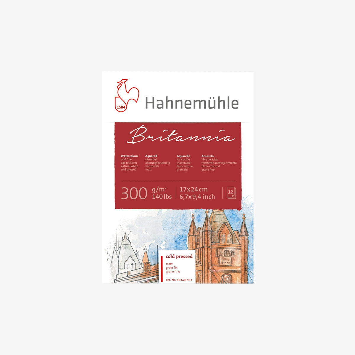 Aquarellblock-300grm-Hahnemuehle-Britania-cold-press-12blatt-17x24cm-Cover-Front-Produktansicht