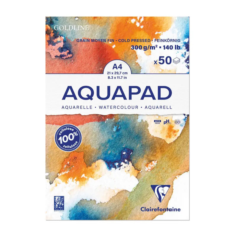 Aquarellblock Goldline Aquapad / A4 geleimt / 50 Blatt weiss 300g / mittlere Koernung