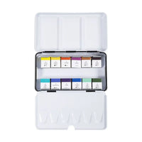 Aquarellset-12-FArben-halbe-Naepchen-in-Metallbox-Thema-Blumen-und-Landschaft-Metallbox-aufgeklappt-mit-inhalt-1