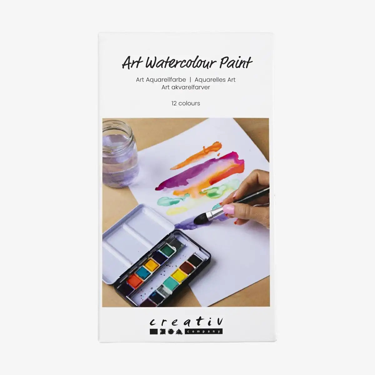 Aquarellset-12-FArben-halbe-Naepchen-in-Metallbox-Thema-Blumen-und-Landschaft-verpackung-vorderseite-1