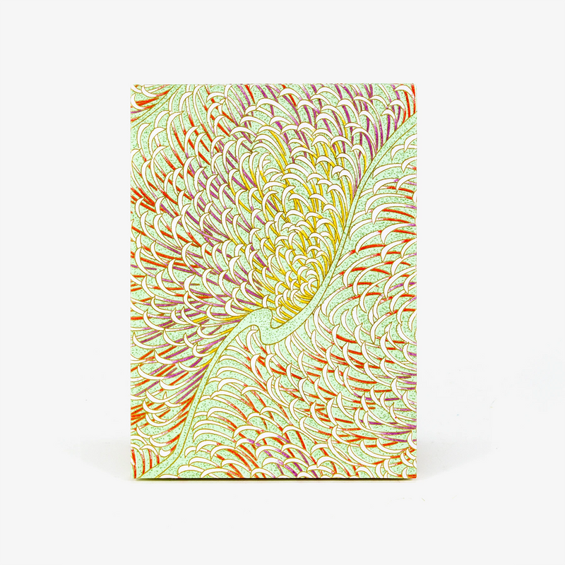 Aquaqrell,Tuschezeichnungen-Leporello-Format-12x17cm-fuer-14Fotos-Chiyogami-Federn-swirls-aufpastellgruen-Produktansicht-Cover-Vorn
