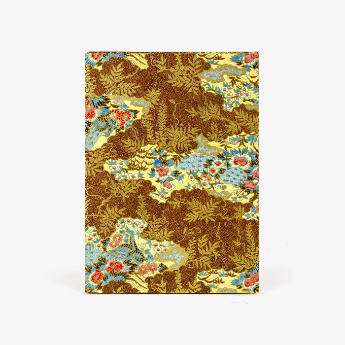 Aquarell-Leporello-Format-12x17cm-fuer-14Fotos-Chiyogami-Pfau-blau-in-gold-brauner-Landschaft-Produktansicht-Cover-Vorn