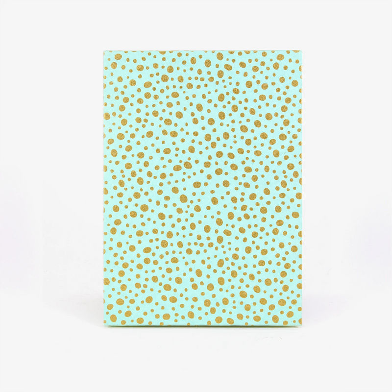 Aquarell-Leporello-Format-12x17cm-fuer-14Fotos-Chiyogami-Polkadots-gold-auf-tuerkis-Produktansicht-Cover-Vorn