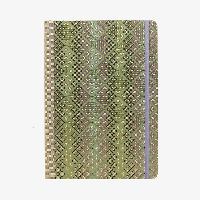 Blaupause-Blanko-Skizzenbuch-Format-17x24cm-192Seiten-Ivory-Papier-Cover-Motiv-Chiyogami-Blumenpattern-No-1-grün-Cover-von-Vorn