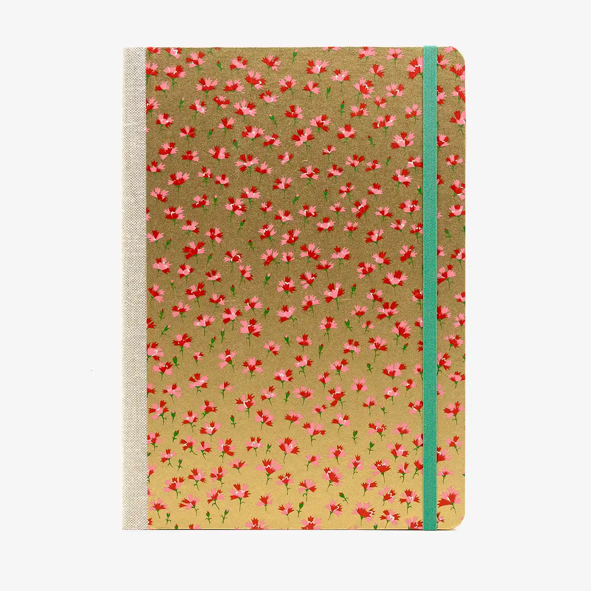 Blaupause-Blanko-Skizzenbuch-Format-17x24cm-192Seiten-Ivory-Papier-Cover-Motiv-Chiyogami-kleine-rote-Blumen-auf-Gold-Cover-von-Vorn