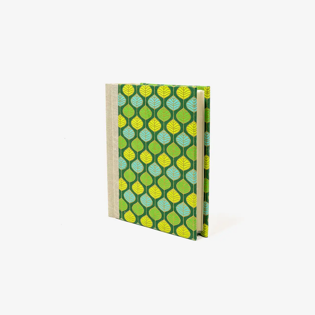 Blaupause-Fotoalbum-Format-15x10cm-30-Folien-bezogen-mit-Baumwoll-PApier-Motiv-Blaetter-gruen-gelb-seitlich-von-vorn