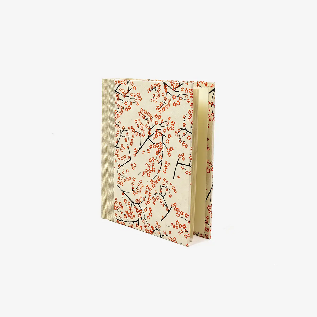 Blaupause-Fotoalbum-Format-15x10cm-30-Folien-bezogen-mit-Lokta-PApier-Motiv-Kirschbluete-rot-auf-Natur-seitlich-von-vorn