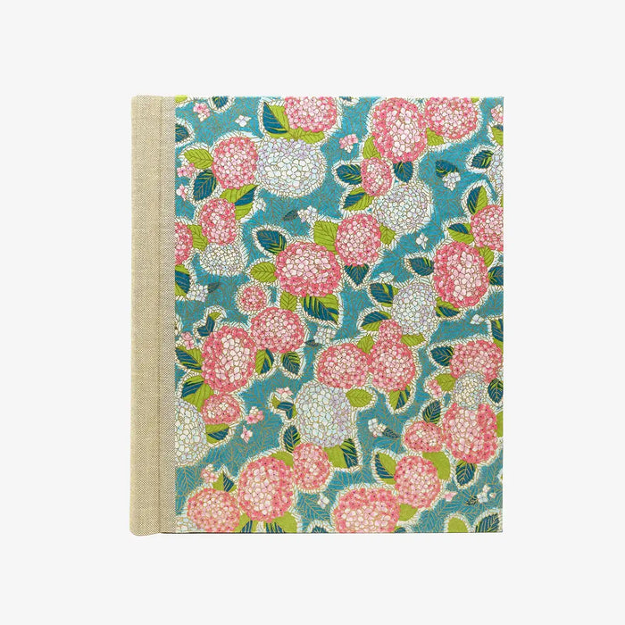 Blaupause-Fotoalbum-Format-24x20cm-60Seiten-cremefarbenem-Fotokarton-bezogen-mit-chiyogami-PApier-Motiv-Hortensien-petrol-von-vorn