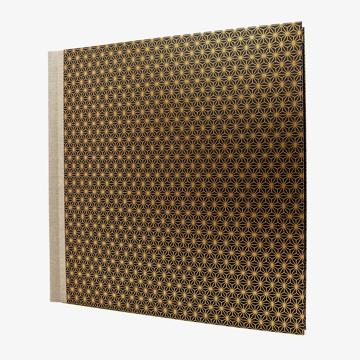 Blaupause-Fotoalbum-H30xB30cm-60-schwarze-Seiten-Motiv-Chiyogami-Ashanoa-Muster-Kupfer-seitlich-von-vorn