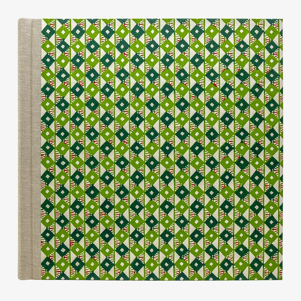 Blaupause-Fotoalbum-H30xB30cm-60-cremefarbene-Seiten-Motiv-Katazome-Shi-rautenmuster-Gruen-grau-von-vorn