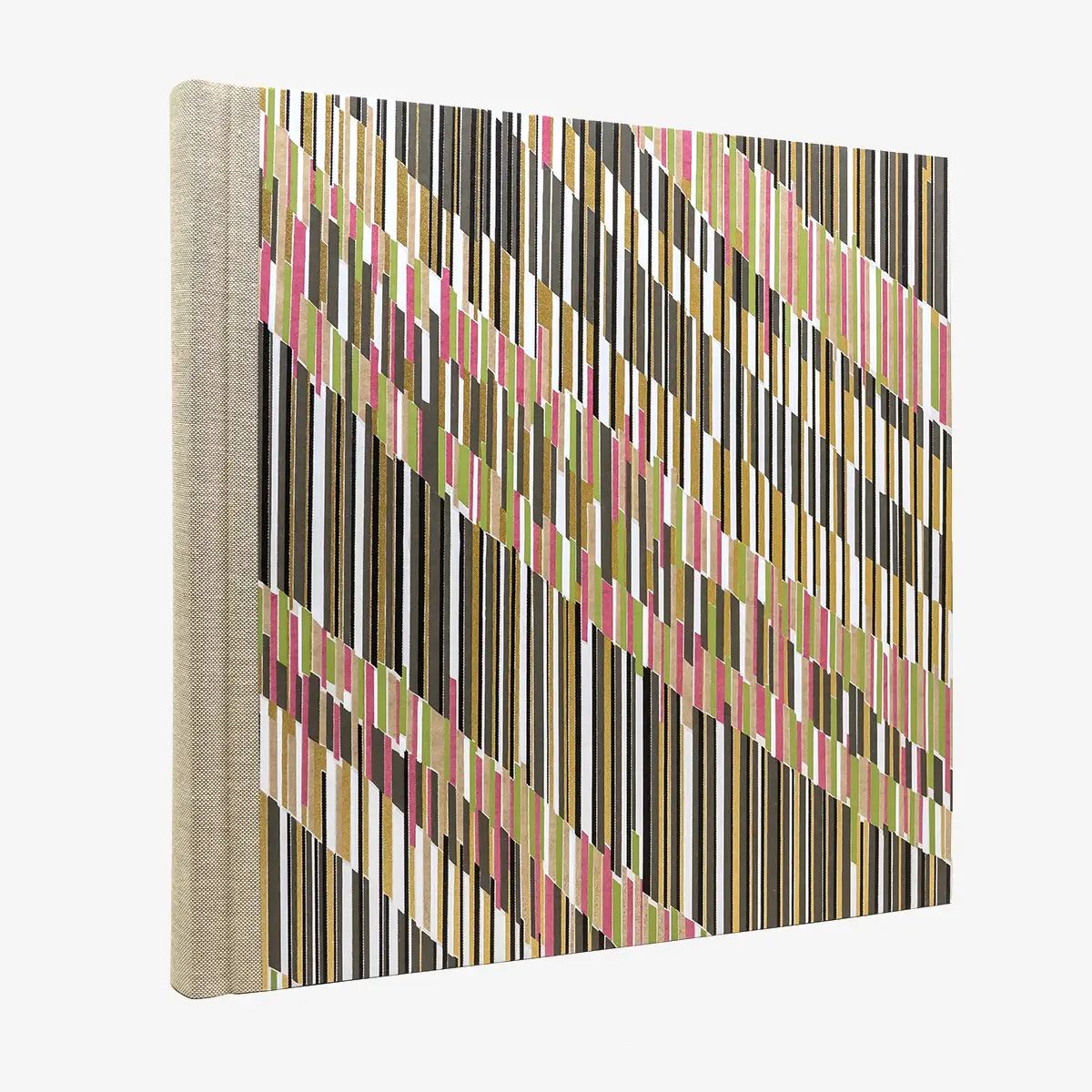Blaupause-Fotoalbum-H30xB30cm-60-cremefarbene-Seiten-Motiv-Muster-mit-versetzten-Strichen-grau-seitlich-von-hinten