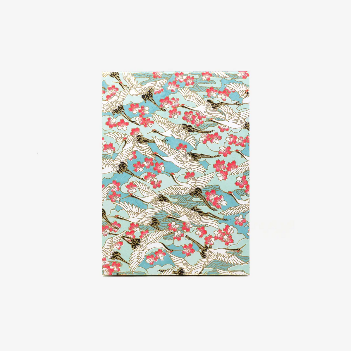 Blaupause-Leporello-17x12_3cm-mit-Chiyogami-bezogen-Motiv-Kraniche-auf-hellblau-Innen-Fotokarton-creme-cover-von-vorn