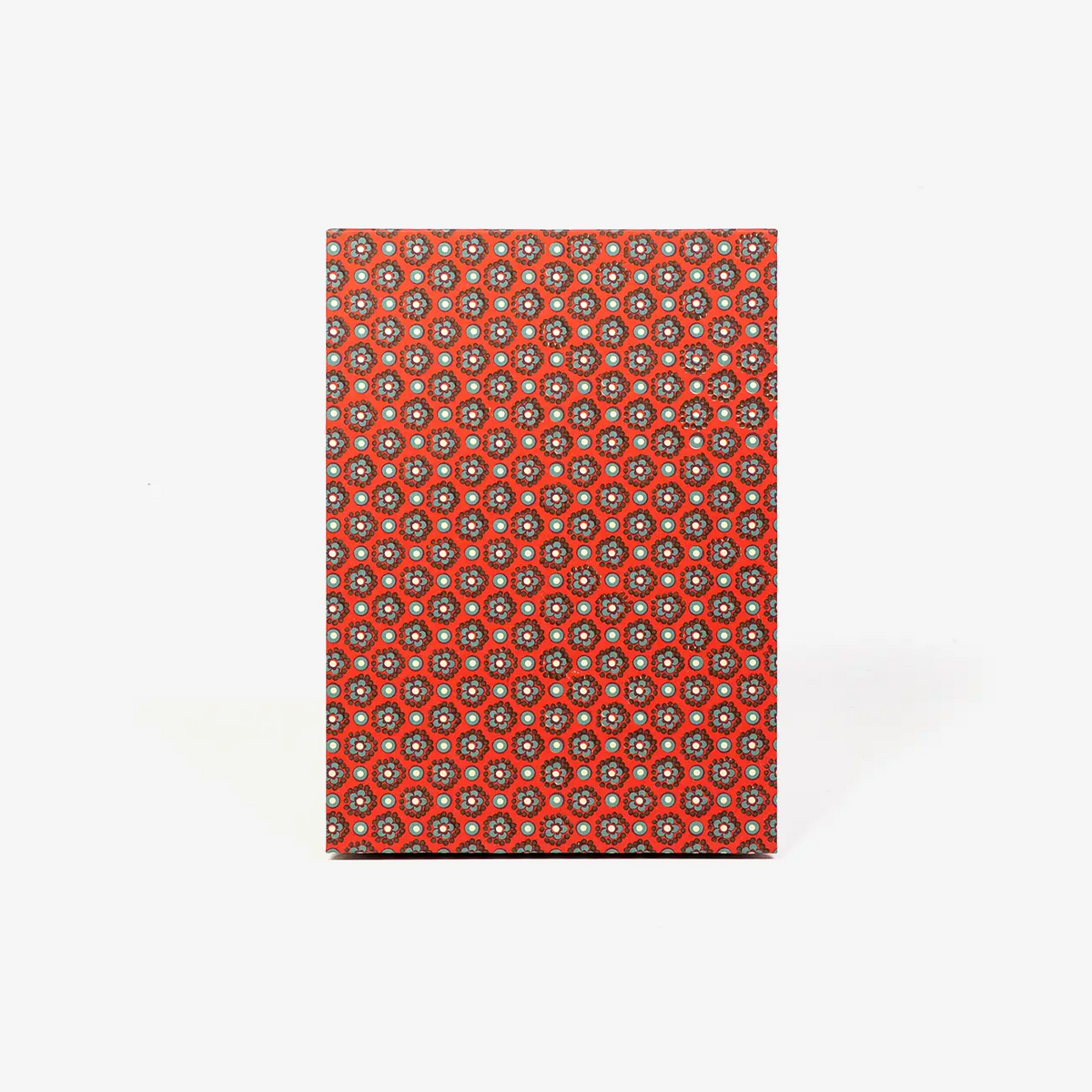 Blaupause-Leporello-mit-CArta-VArese-bezogen-Motiv-Blumenmuster-rot-gruen-Fotokarton-innenschwarz-cover-von-vorn