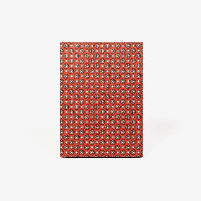 Blaupause-Leporello-mit-CArta-VArese-bezogen-Motiv-Blumenmuster-rot-gruen-Fotokarton-innenschwarz-cover-von-vorn