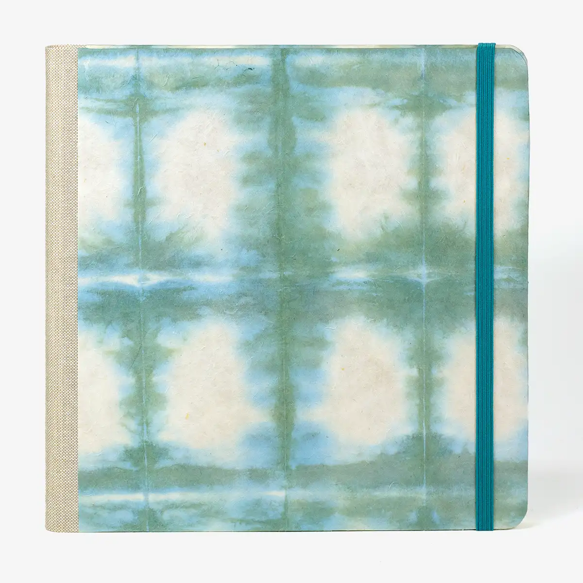 Blaupause-Skizzenbuch-21x21cm-Lineatur-blanko-96-Blatt-bezogen-mit-Loktapapier-spiegelung-gruenblau-Von-vorn