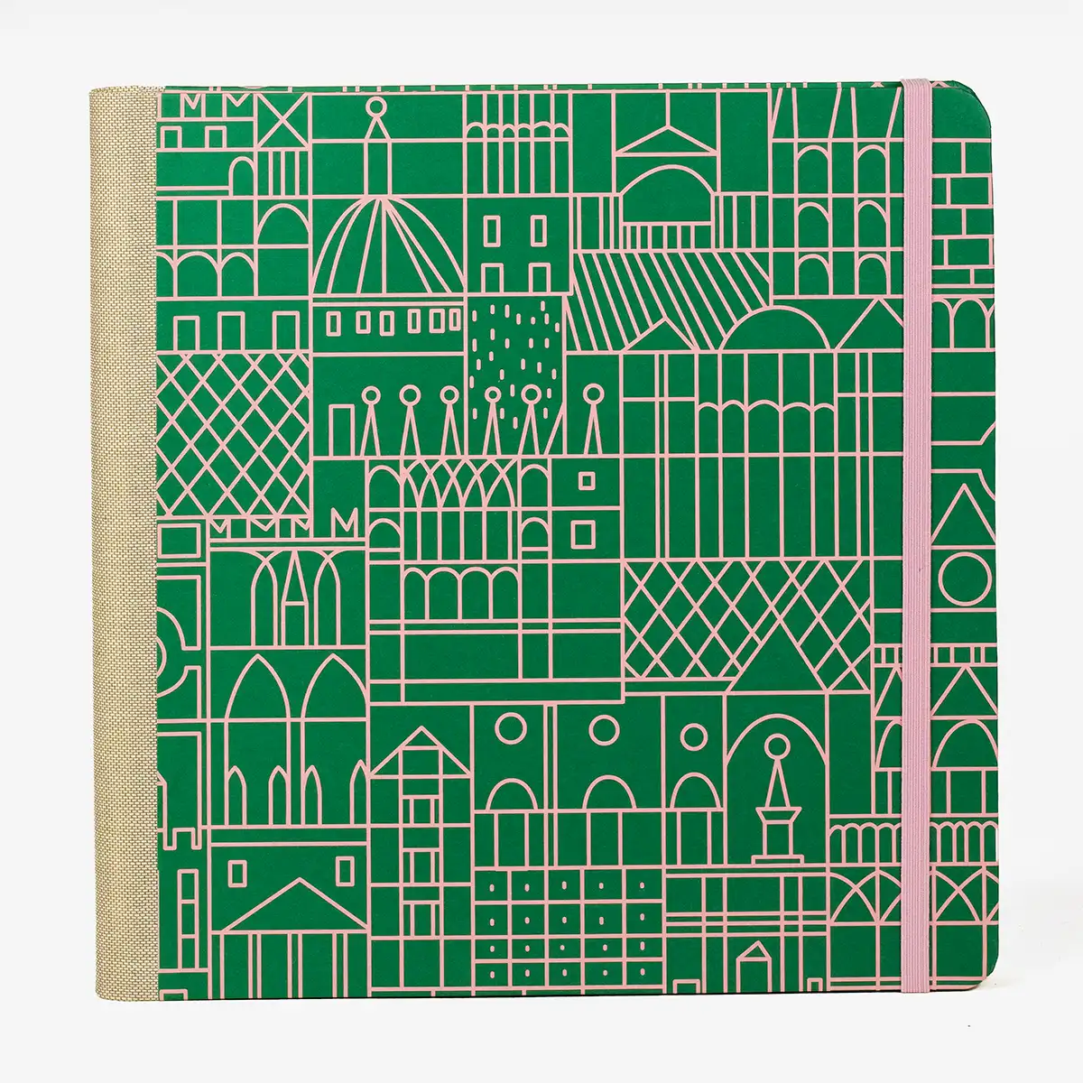 Blaupause-Skizzenbuch-21x21cm-Lineatur-blanko-96-Blatt-bezogen-mit-Offsetpapier-Stadt-gruen-Von-Vorn