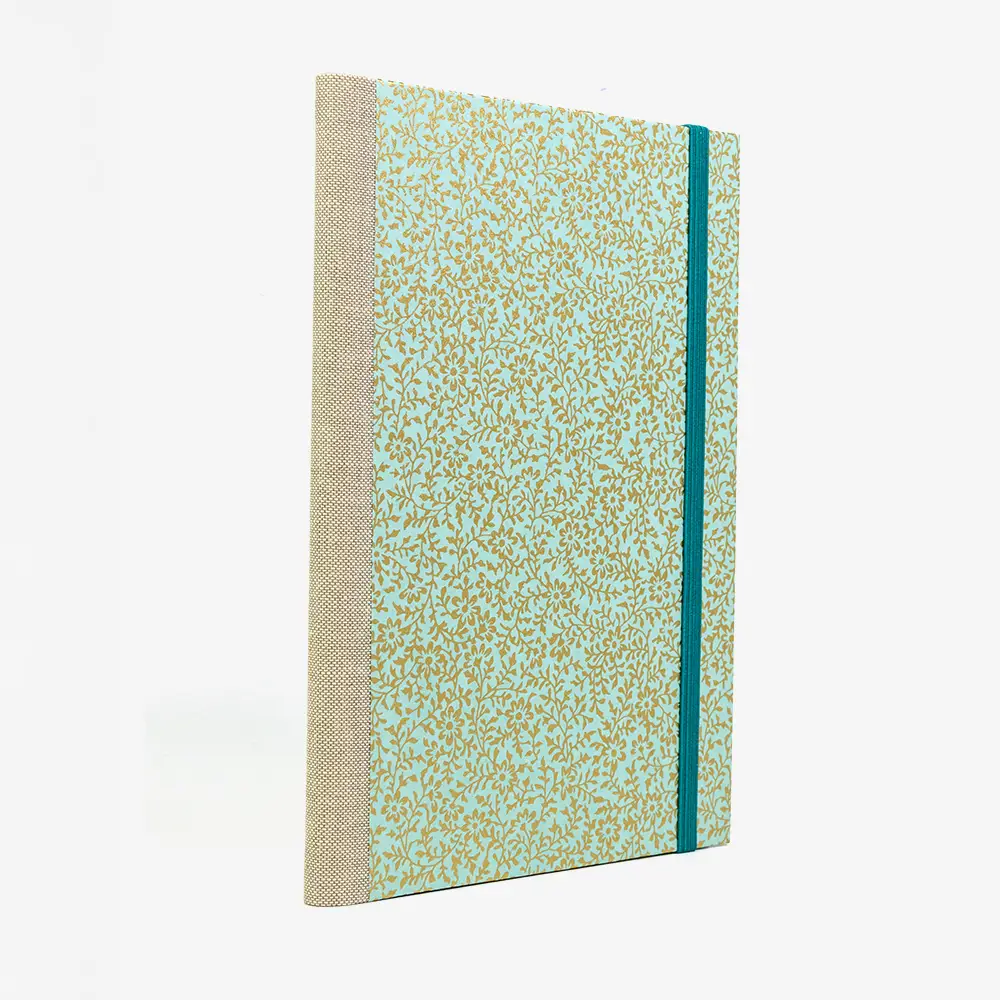 Blaupause-Notizbuch-A5-liniert-144-Seiten-cover-chiyogami-Motiv-Floralesornament-Gold-auf-Mint-seitlich-von-Hinten