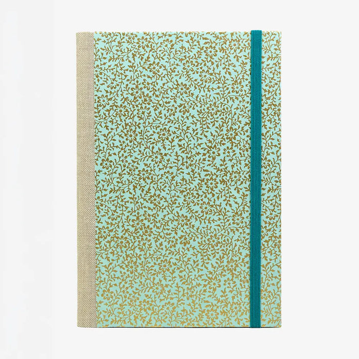 Blaupause-Notizbuch-A5-liniert-144-Seiten-cover-chiyogami-Motiv-Floralesornament-Gold-auf-Mint-von-vorn