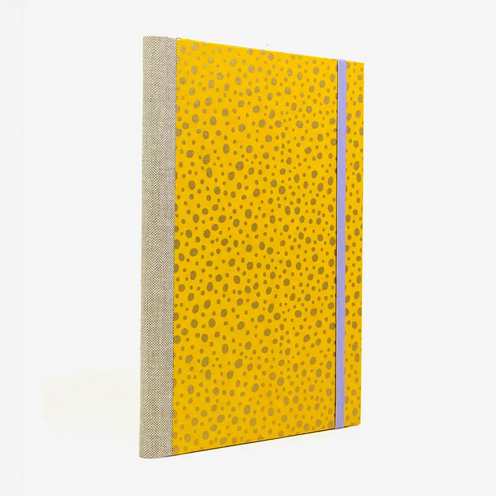 Blaupause-Notizbuch-A5-liniert-144-Seiten-cover-chiyogami-Motiv-Dots-Gold-auf-Gelb-Seitlich-von-hinten