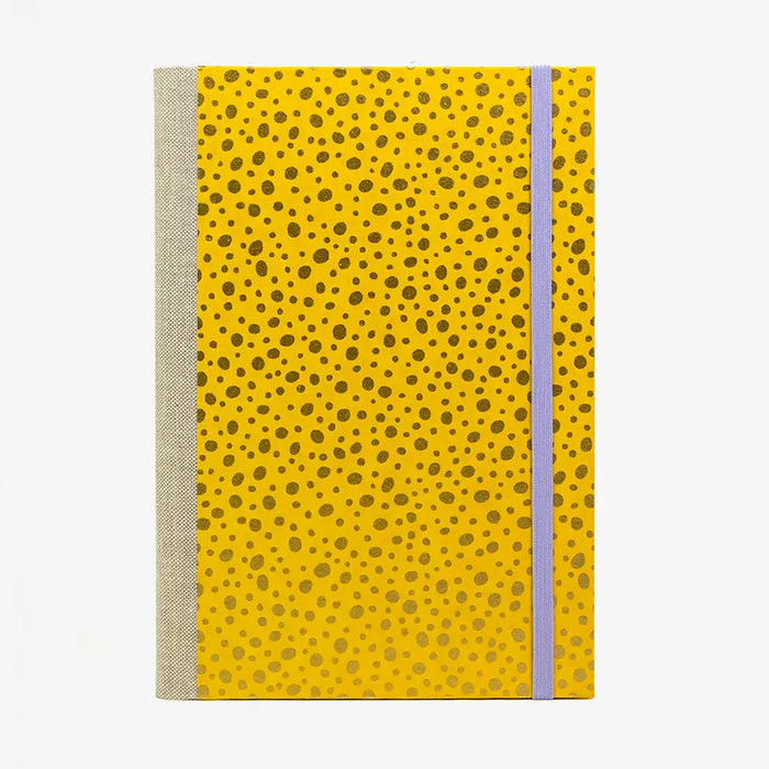 Blaupause-Notizbuch-A5-liniert-144-Seiten-cover-chiyogami-Motiv-Dots-Gold-auf-Gelb-von-vorn