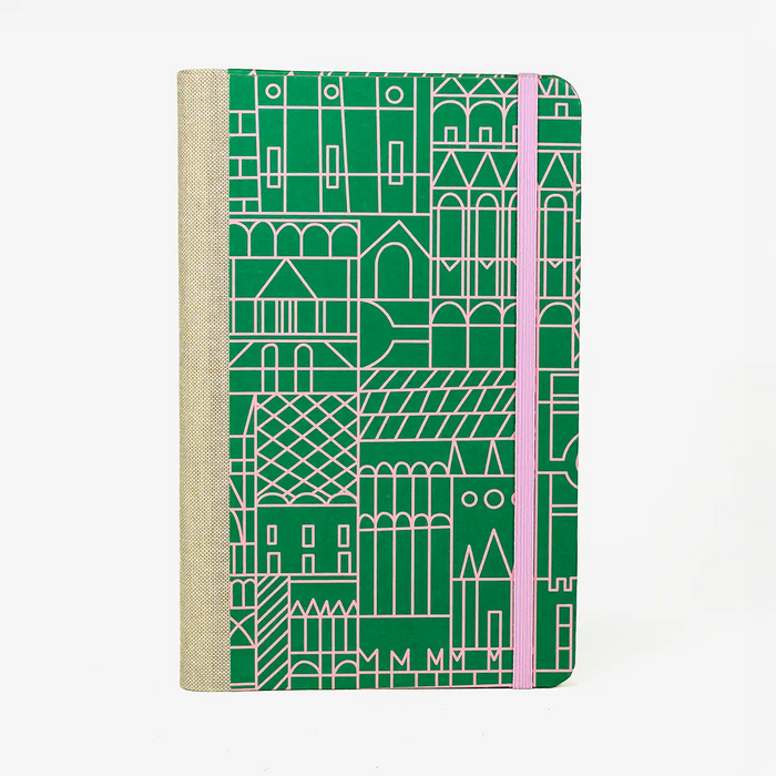 Blaupause-Notizbuch-A5small-13x21cm-Lineatur-Dotted-96-Blatt-bezogen-mit-Offsetpapier-Stadt-gruen-Von-Vorn