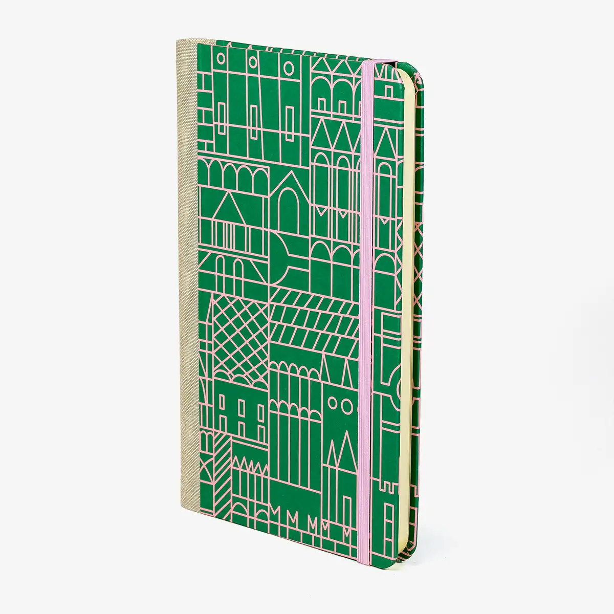 Blaupause-Notizbuch-A5small-13x21cm-Lineatur-Dotted-96-Blatt-bezogen-mit-Offsetpapier-Stadt-gruen-seitlich-Von-Vorn