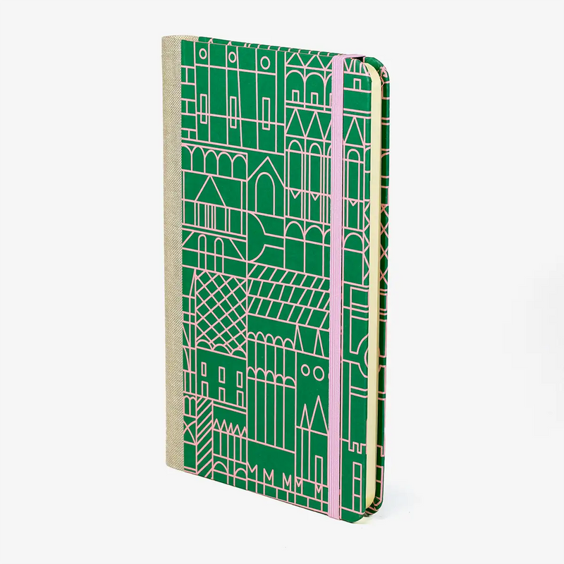 Blaupause-Notizbuch-A5small-13x21cm-Lineatur-Dotted-96-Blatt-bezogen-mit-Offsetpapier-Stadt-gruen-seitlich-Von-Vorn