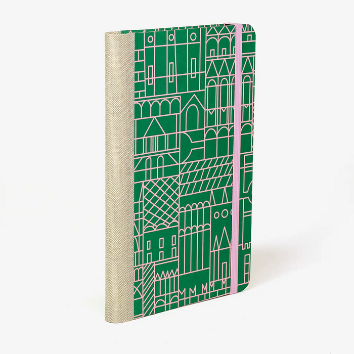 Blaupause-Notizbuch-A5small-13x21cm-Lineatur-Dotted-96-Blatt-bezogen-mit-Offsetpapier-Stadt-gruen-seitlich-Von-hinten