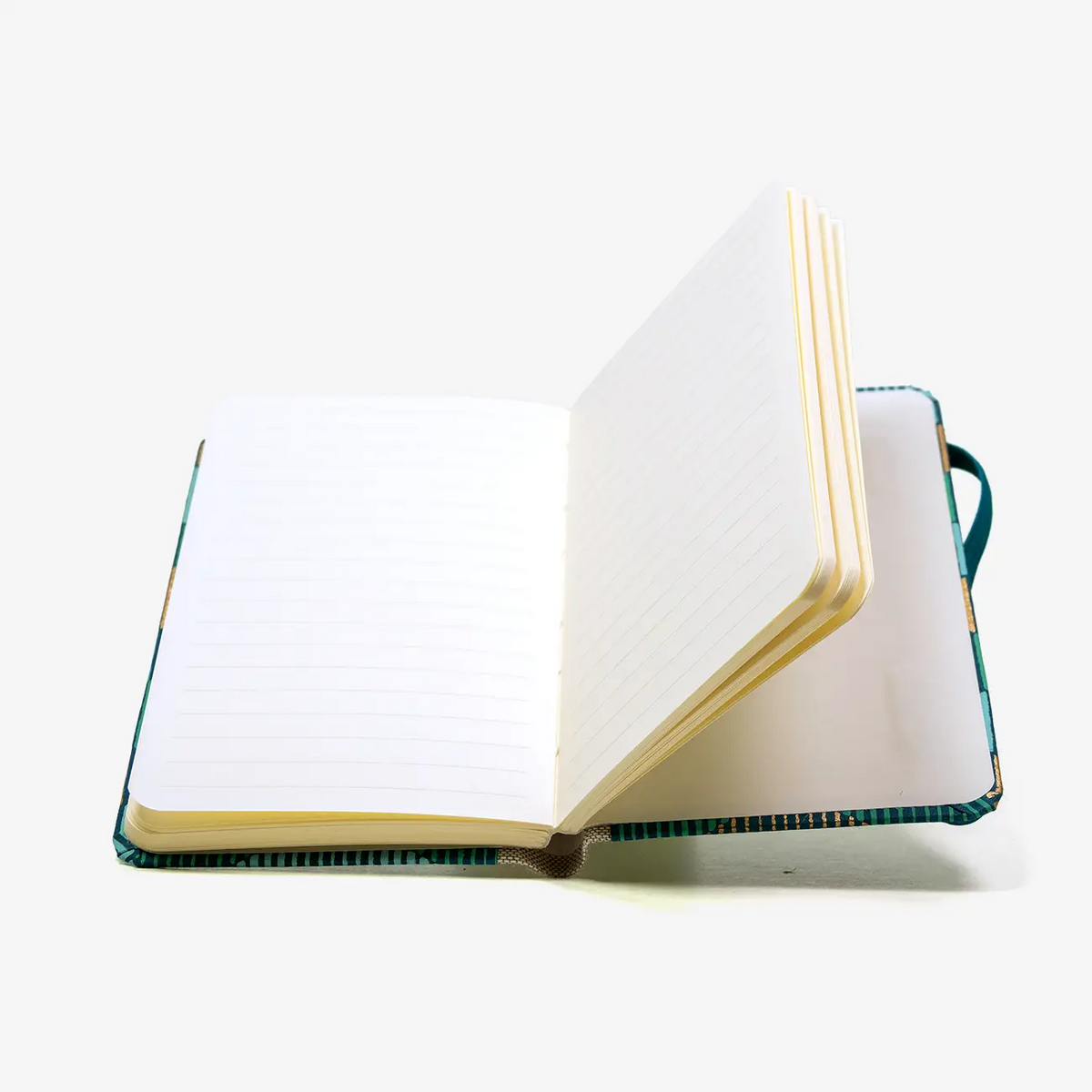 Blaupause-Notizbuch-Format-9x14cm-192Seiten-mit-BAumwollpapier-bezogen-Motiv-Cover-Rauten-in-gruen-Buch-aufgeschlagen