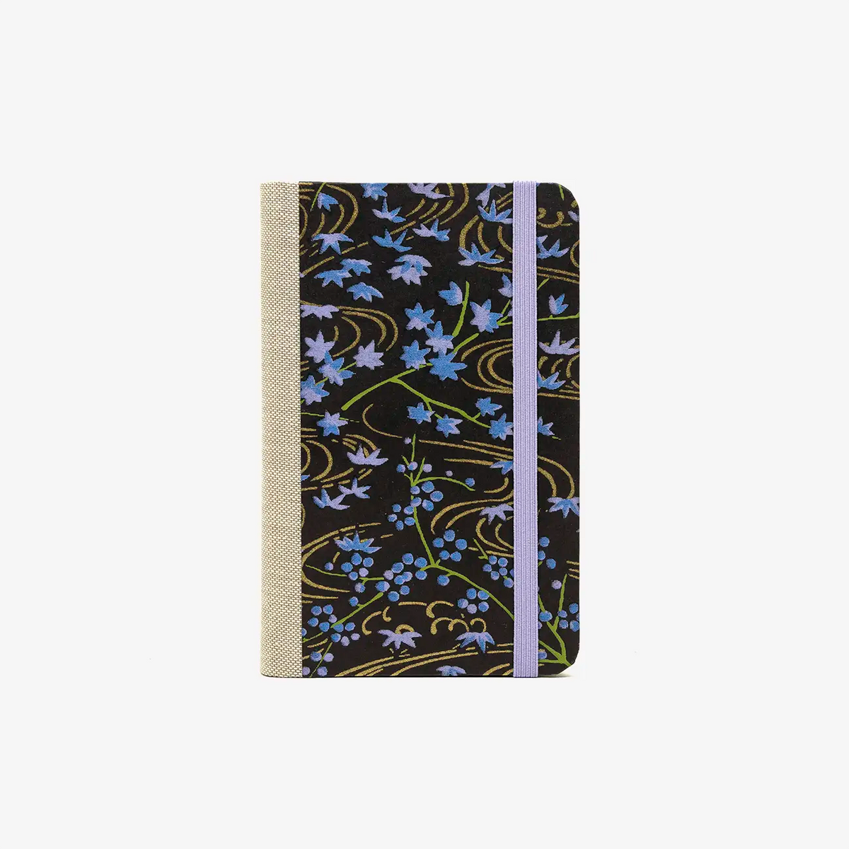 Blaupause-Notizbuch-Format-9x14cm-192Seiten-mit-Chiyogami-bezogen-Motiv-Cover-Flusslandschaft-Flieder-auf-schwarz-Buch-von-vorn